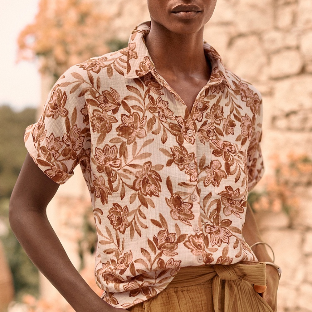 Garnet Hill Vella Organic-Cotton Button-Down Blouse Orange Cream XS l Like New